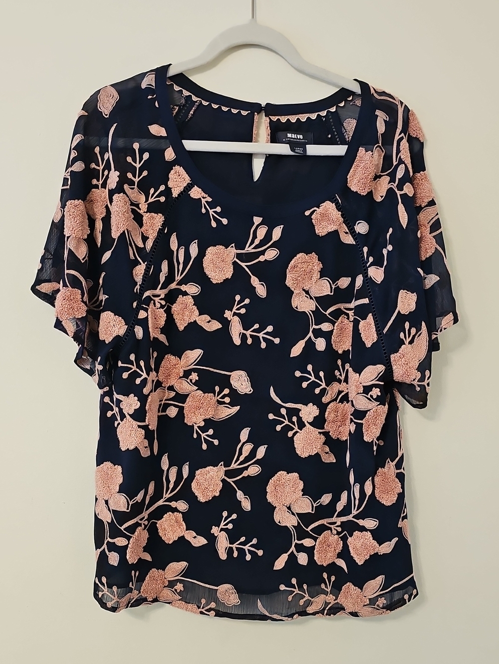 White House Black Market Navy Pink Floral Embroidered Flutter Sleeve Top